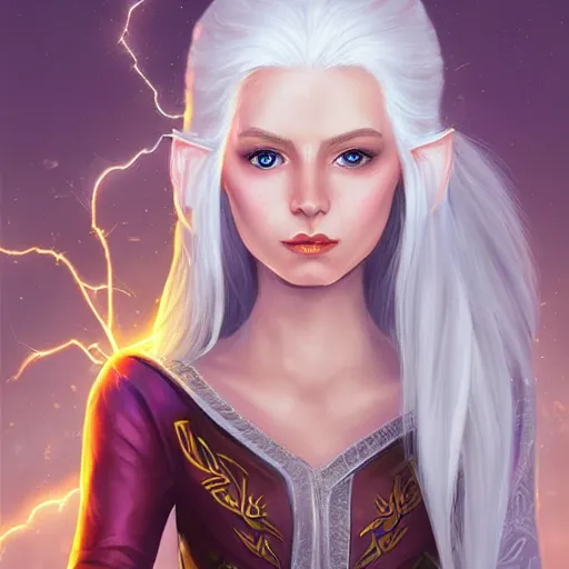 Image similar to Beautiful white haired fair skinned scholar elves with scroll and lightning background, realism, digital painting, detailed artwork, portrait, mythical, artstation