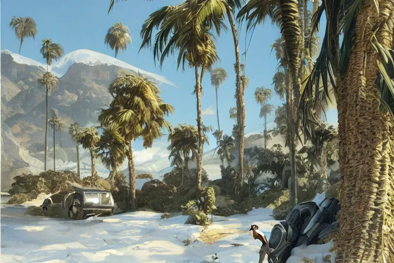 Image similar to natural american landscape | robot greeting another robot | palm trees | snowy mountains, painting by syd mead and weta studio and james jean, frank frazetta, highly detailed, rule of third, soft lighting, 8 k resolution, oil on canvas, architectural magazine, beautiful detailed, insanely intricate details, artstation trending, hypermaximalistic, high details, cinematic