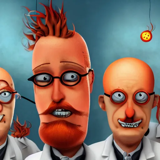 Prompt: a man with 3 eyes, man with a 3rd eye in the middle of his forehead, an awkwardly tall mad scientist with a 3rd eye a tangled orange beard balding head and unruly red hair wearing a labcoat, high resolution film still, movie by Robert Zemeckis and Ivan Reitman, 3rd eye in the middle of his forehead