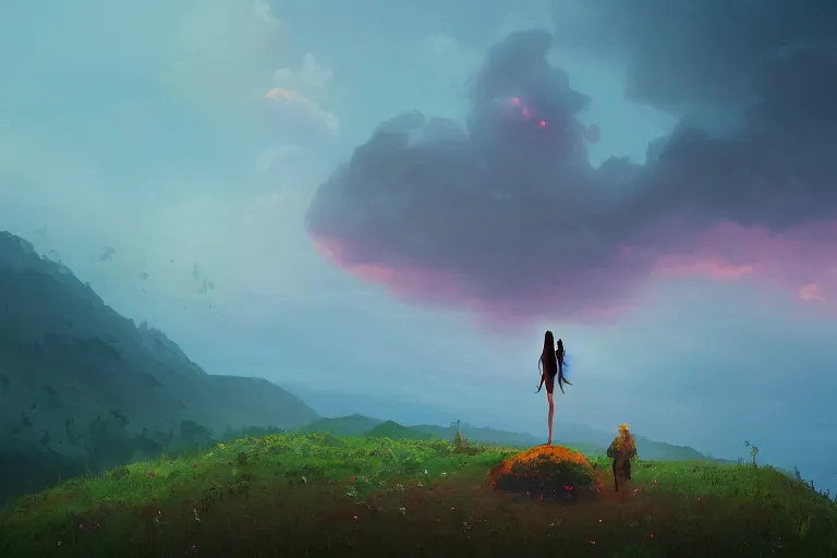 Image similar to giant flower over head, girl standing on cliff, surreal photography, sunset, stars, dramatic light, impressionist painting, storm clouds, digital painting, artstation, simon stalenhag