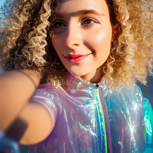 Image similar to selfie of a young woman, wearing a translucent and iridescent jacket, curly long hair, caucasian, sigma 85mm f/1.4, 4k, depth of field, high resolution, 4k, 8k, hd, full color