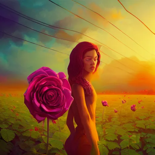 Image similar to closeup, huge rose flower head, frontal, a girl with suit, surreal photography, sunrise, dramatic light, impressionist painting, digital painting, artstation, simon stalenhag