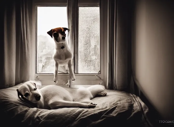 Image similar to photography of a Jack Russel . watching outside the window. on a bed. in a vintage room.,volumetric light, photorealistic,, award winning photo, 100mm, sharp, high res