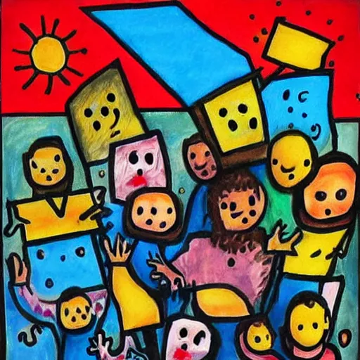 Image similar to abstract children’s drawing of the end of the world., horror,