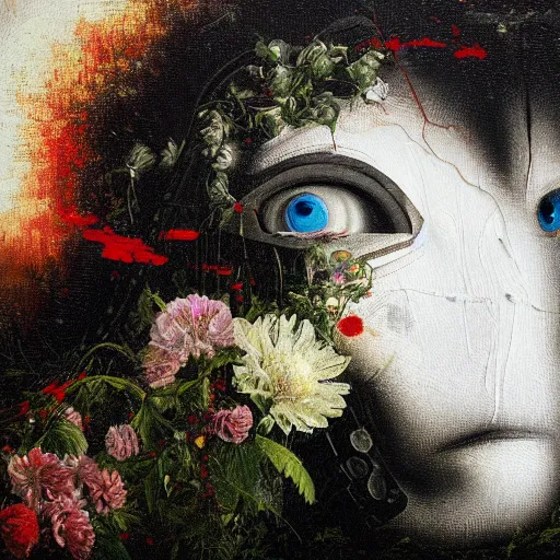 Image similar to a painting by thomas cole of a white robot head with flowers growing out, highly detailed, color bleeding, pixel sorting, plain black background, studio lighting, high contrast, bold composition, abstract paint color splotches