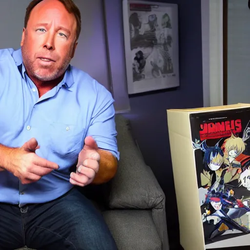 Image similar to alex jones shows off his anime collection.