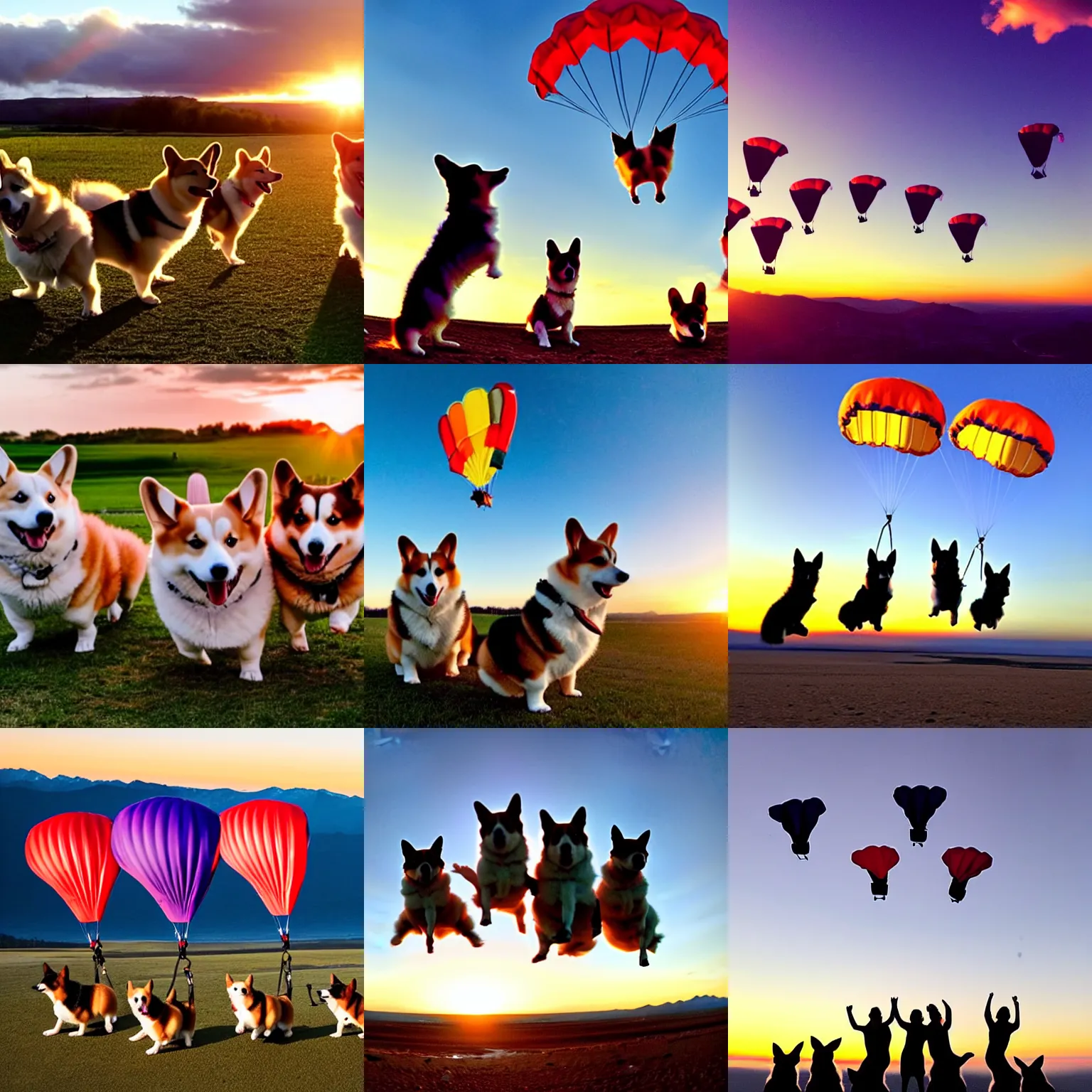Prompt: A group of cute corgies parachuting with an epic sunset in the background