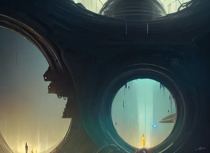 Image similar to a circular portal structure in the centre of an abandoned and overgrown alien city, beautiful curves, sci - fi, fantasy, golden ratio, epic lighting, unusual composition, messy brush strokes, very detailed, 4 k, in the style of blade runner and peter mohrbacher, ominous vibes, harsh lighting