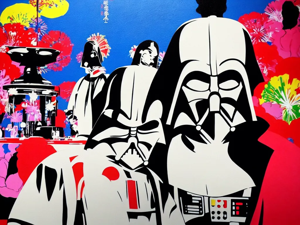 Image similar to hyperrealistic composition, in the middle the woman in a japanese kimono, behind her stands the darth vader, in front of her a table from the casino, in the background is mount fuji and fireworks, pop - art style, jacky tsai style, andy warhol style, acrylic on canvas