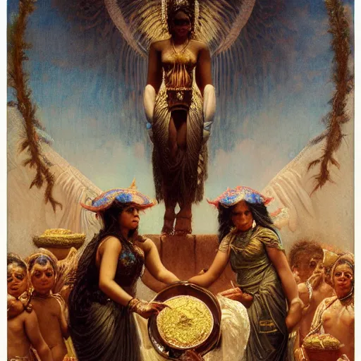 Image similar to sri lankan womans sacrifising thier children to giant crow, crow worshipping cult, painting by gaston bussiere, craig mullins, j. c. leyendecker, lights, art by ernst haeckel, john william godward, hammershøi,,