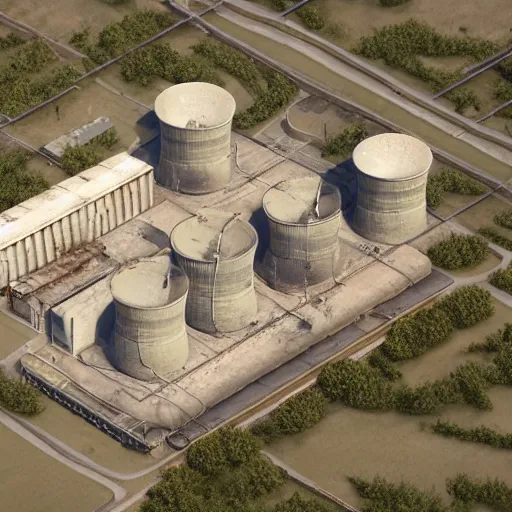 Prompt: top down aerial view of dilapidated nuclear plant with cooling tower in real life, desolate with zombies, dilapidated, zombies in the streets, nightmarish, some rusted style pipes, sunny weather, few clouds, volumetric lighting, photorealistic, daytime, autumn, sharp focus, ultra detailed, cgsociety