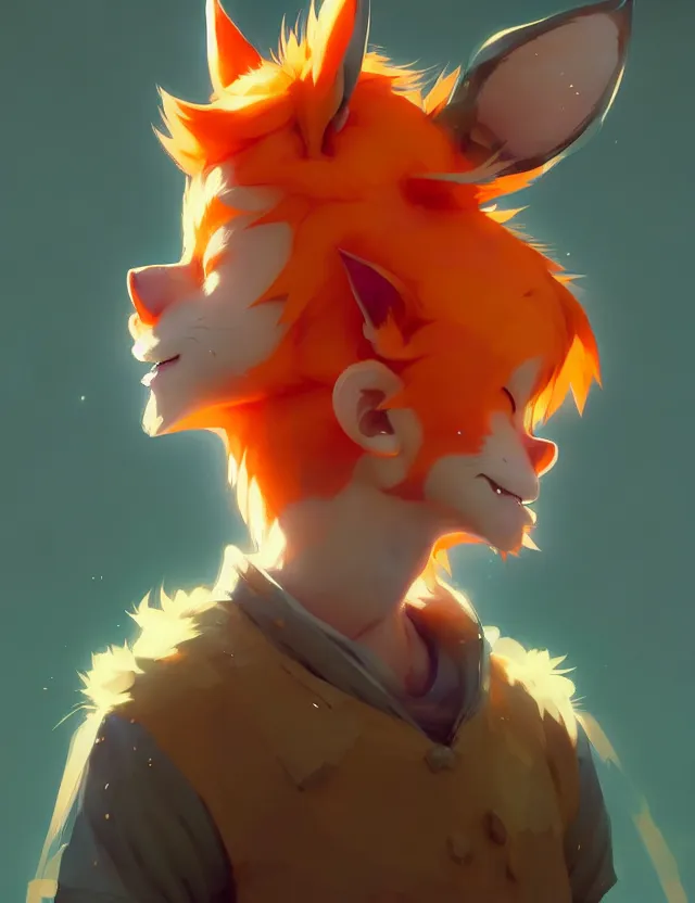 Image similar to a beautiful fullbody portrait of a cute anime boy with orange hair and orange fox ears. character design by cory loftis, fenghua zhong, ryohei hase, ismail inceoglu and ruan jia. artstation, volumetric light, detailed, photorealistic, fantasy, rendered in octane