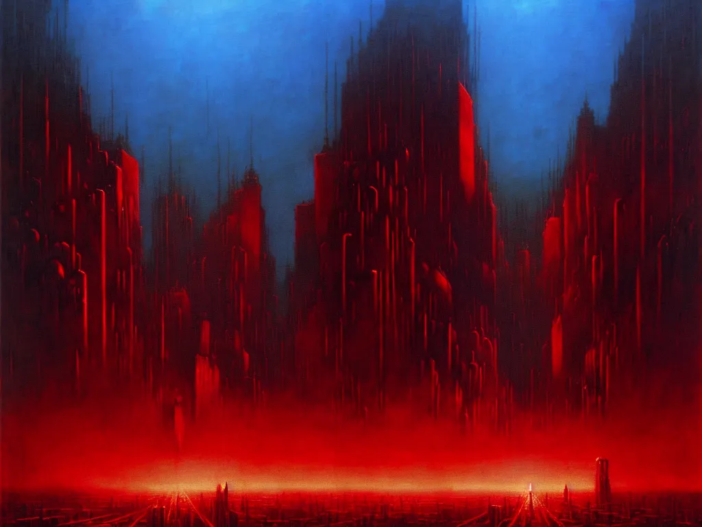 Image similar to an epic cityscape painting of a nightmarish hellscape full of cosmic horrors, by zdzisław beksinski and greg rutkowski, wall street, horror, surreal, cyberpunk, dark, vivid, red, blue, oil on canvas, neon lights, epic, organic