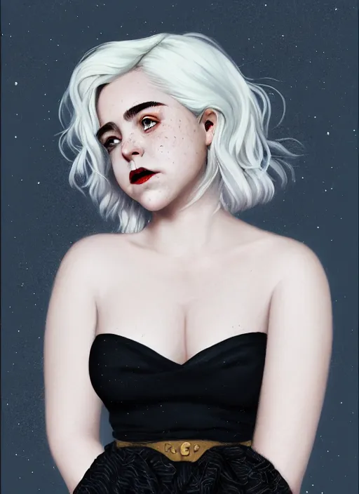 Image similar to full body portrait, kiernan shipka as sabrina spellman, white hair, obese, bangs, sultry, realistic, sultry smirk, fluffy bangs, freckles, fat, belly, intricate, elegant, highly detailed, digital painting, artstation, concept art, smooth, sharp focus, illustration, art by wlop, mars ravelo and greg rutkowski