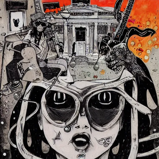 Prompt: punk album cover, black, white, orange, psychedelic, new age, magic, enki bilal