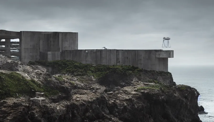 Image similar to coastal perched on a cliff overlooking a magnificient bay, brutalist imperial military base, drawing architecture, ultra very long shot, top angle, imperial architecture in rogue one, pritzker architecture prize, brutalism architecture, jan urschel, greig fraser