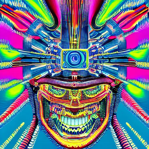 Prompt: tshirt with a hyperdetailed portrait of a futuristic trippy smiling robot head, 8 k, symetrical, flourescent colors, halluzinogenic, multicolored tshirt art,