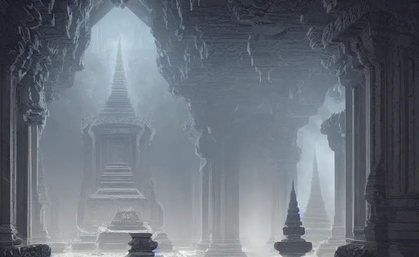 Prompt: dark khmer temple, soft grey and blue natural light, intricate, digital painting, artstation, concept art, smooth, sharp focus, illustration, art by greg rutkowski and luis rollo and uang guangjian and gil elvgren, symmetry!