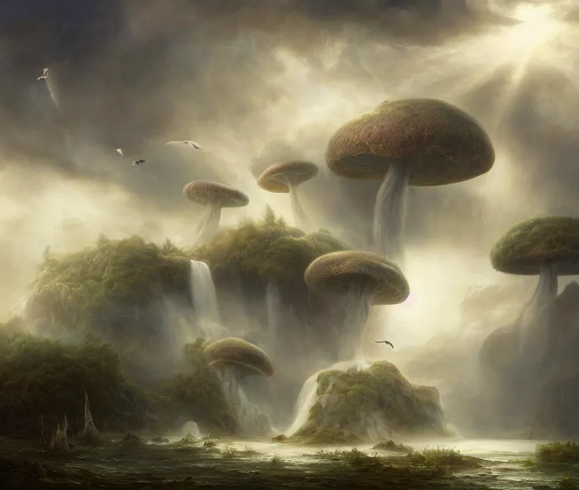 Prompt: floating lands in-clouds, foggy, volumetric fog, sun beams, blooming, bird flocks, giant mushrooms, waterfalls, flying whale; by Tom Bagshaw, Ivan Shishkin, Hans Thoma, Asher Brown Durand