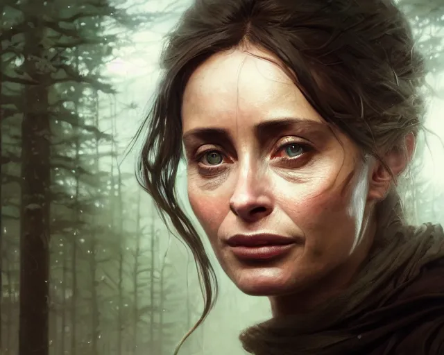 Image similar to highly detailed portrait of emmanuelle beart, in the walking dead, stephen bliss, unreal engine, fantasy art by greg rutkowski, loish, rhads, ferdinand knab, makoto shinkai and lois van baarle, ilya kuvshinov, rossdraws, tom bagshaw, global illumination, radiant light, detailed and intricate environment