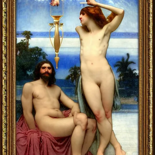 Prompt: Justice with a blood dripping chalice at the palace, thunderstorm, pool, beach and palm trees on the background major arcana sky, by paul delaroche, alphonse mucha and arnold böcklin arnold böcklin hyperrealistic 8k, very detailed