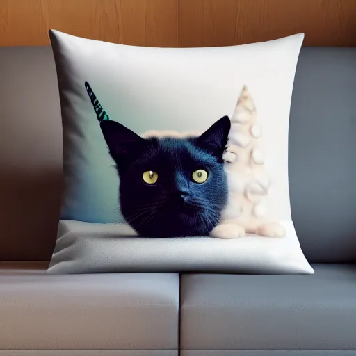 Image similar to portrait of cat unicorn relaxing on pillow, 5 0 mm soft room lighting