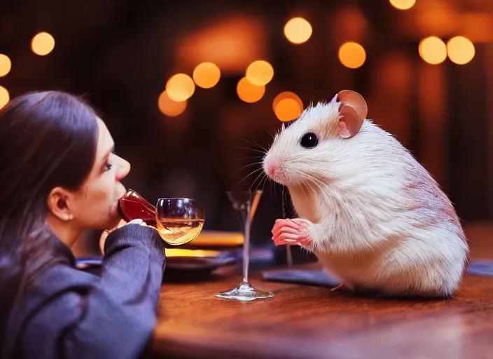 Image similar to photo of a hamsters on a date, drinking red wine, at night, faded colors, candlelit restaurant table, various poses, soft light, centered, sharp focus, 8 k