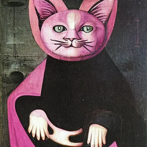 Prompt: portrait of the cat of cheshire bosch with pink and purple stripes and a huge malicious smile by hieronymus bosch. oil on wood