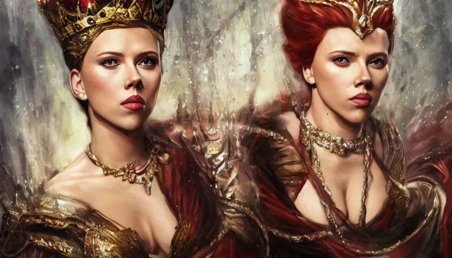 Image similar to scarlett johansson as a stately queen, fantasy, oil painting, concept art