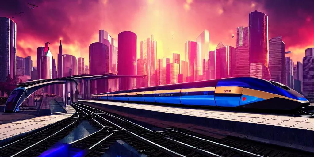 Image similar to a cyberpunk maglev train riding though futuristic station, futuristic cityscape in background, golden hour sunset, gorgeous lighting and metallic reflection, maroon and blue accents, 8k, large scale, high detail, side profile