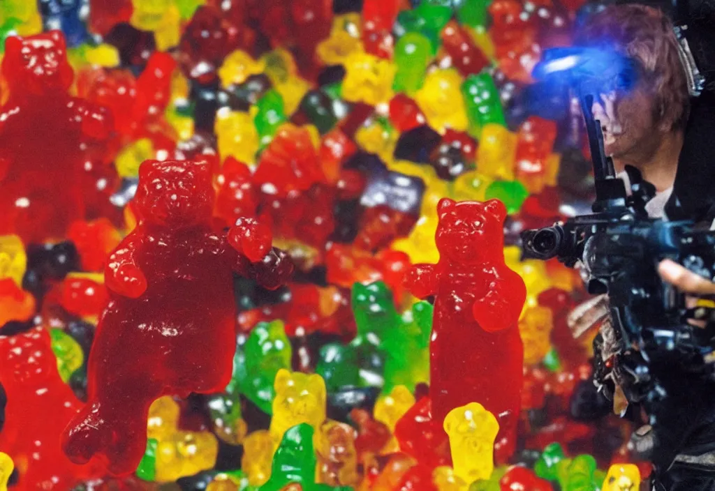 Image similar to a gummy bear in a michael bay action scene