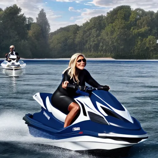 Image similar to photography, emmanuel macron driving a jetski, next to brigitte macron swimming, ultra realistic, concept art, intricate details, highly detailed, photorealistic