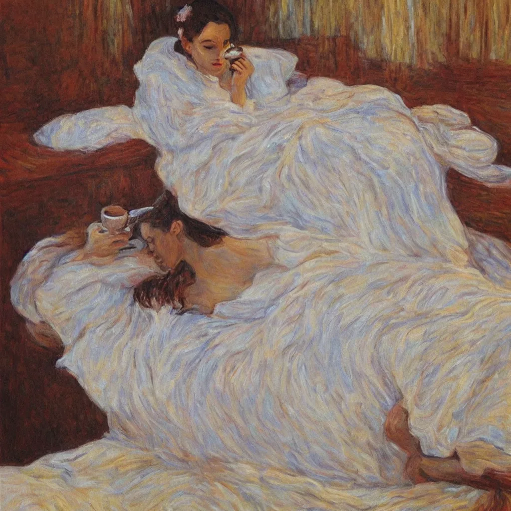 Image similar to a beautiful painting of a beautiful woman drinking coffee in a bed with white sheets drinking coffee in the style of Monet