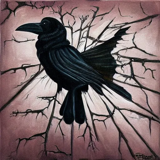 Prompt: surrealism painting of a raven by the blair witch project | horror themed | creepy