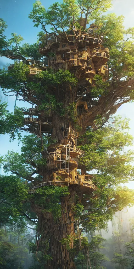 Image similar to ultra realistic and intricate detailed photograph of giant holy tech treehouse, innovation, bright modern style, artstation, unreal render, depth of field, ambient lighting, award winning, stunning