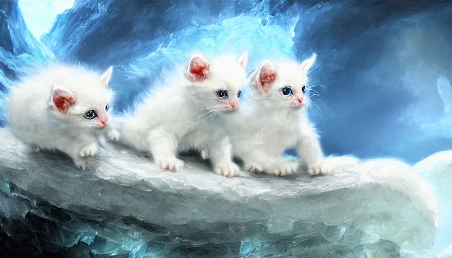 Image similar to highly detailed painting of white cute baby furry japanese dragon kittens on a blue and white iceberg by william turner, by greg rutkowski, by william constable, thick brush strokes and visible paint layers, 4 k resolution