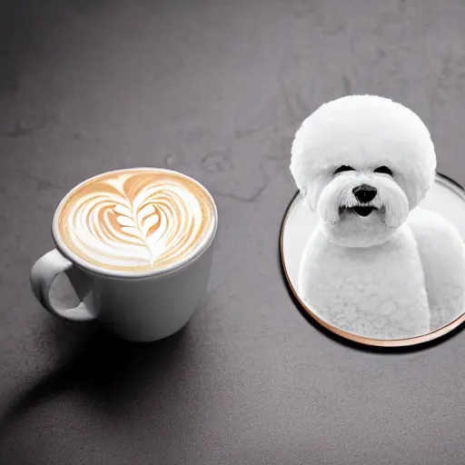 Image similar to a closeup photorealistic photograph of barista drawing bichon frise shaped latte art in a cup. professional capture, well lit shot. this 4 k hd image is trending on artstation, featured on behance, well - rendered, extra crisp, features intricate detail, epic composition and the style of unreal engine.