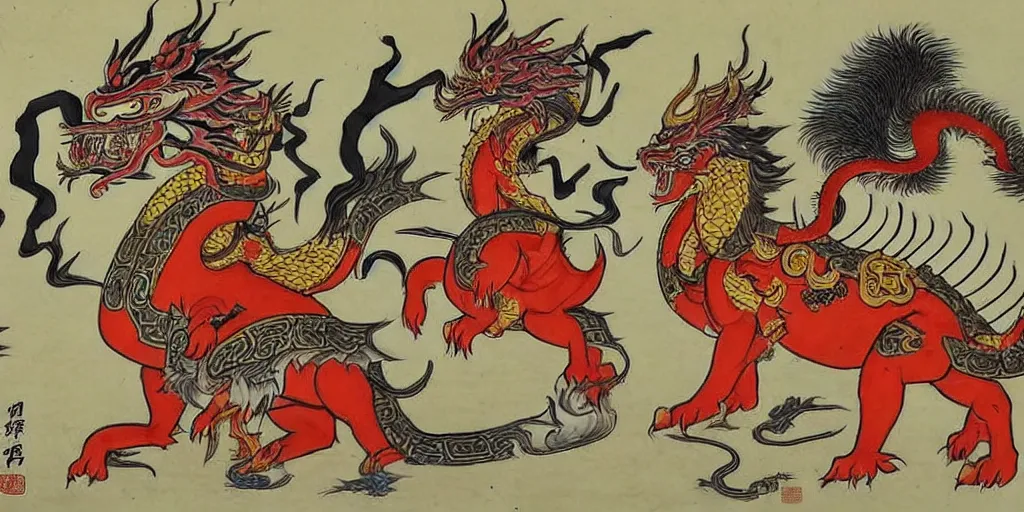 Image similar to chinese god of warcraft controling the four animal guards of the north east south west : : qilin, dragon, tortoise and phoenix, chinese myth, scared animal, legendary creatures of china