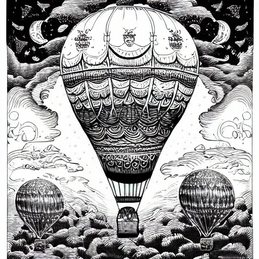 Image similar to portrait of an entire victorian air balloon over a fantasy landscape, line art illustration by joe fenton , black and white, intricate details