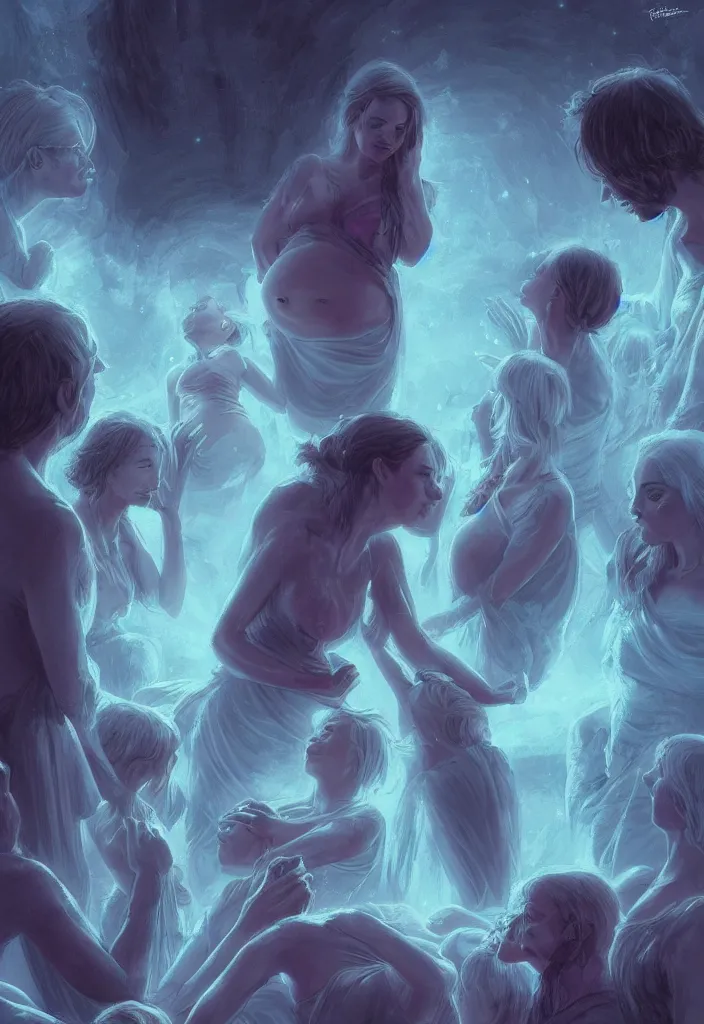 Prompt: epic pregnant woman talking to all her tribe with fluorescence bodies, proud people gather around the pregnant woman, fluorescence bodies, ice cave at night, intricate, elegant, highly detailed, digital painting, artstation, concept art, smooth, sharp focus, illustration, art by artgerm and greg rutkowski