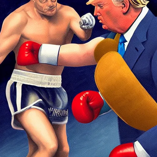 Image similar to a renaissance painting of donald trump and joe biden fighting in a boxing ring