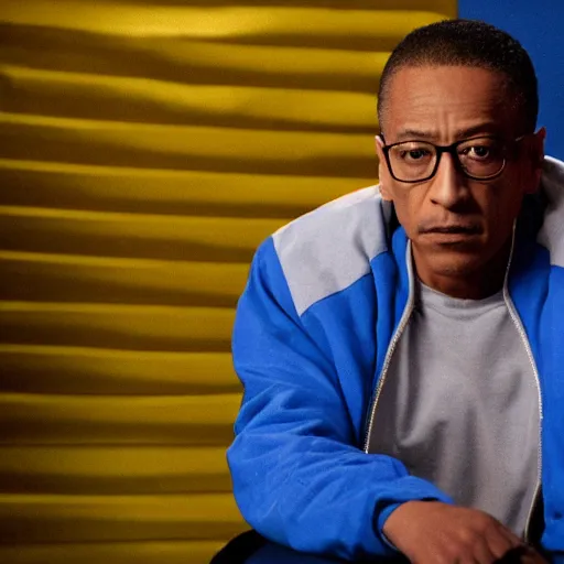 Image similar to gus fring in a blue varsity jacket with yellow sleeves, still from breaking bad