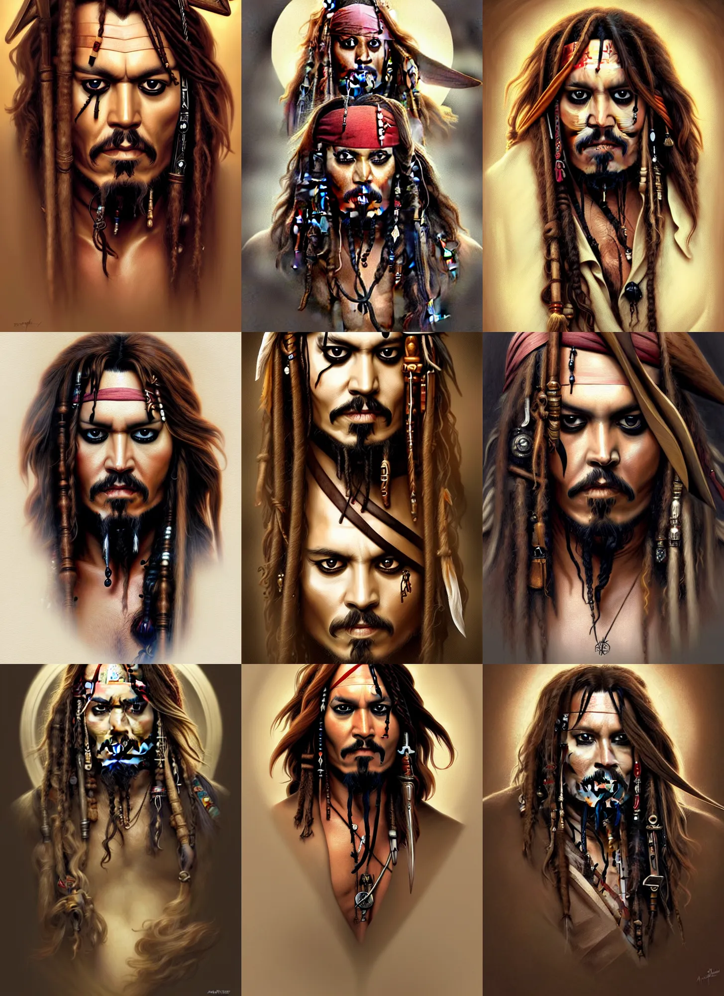 Prompt: symmetry!! portrait of jack sparrow, intricate, elegant, highly detailed, my rendition, digital painting, artstation, concept art, smooth, sharp focus, illustration, art by artgerm and greg rutkowski and alphonse mucha