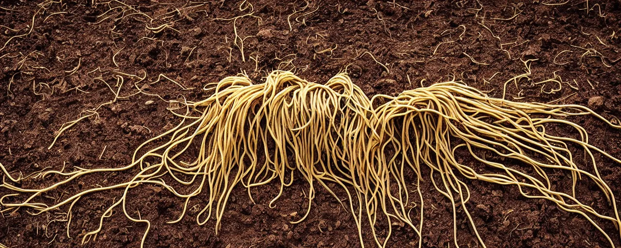 Image similar to roots made of spaghetti, growing from the dirt, kodachrome, in the style of wes anderson, retro