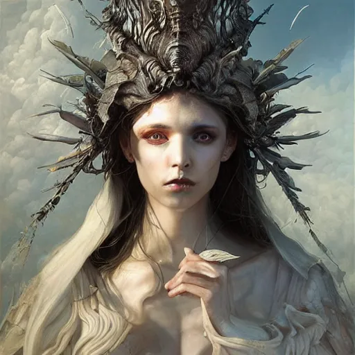 Image similar to Hyperrealistic beautiful detail matte 3d painting of a very beautiful priest with spear of darkness and dark smoke aura by ellen jewett, dan Mumford, beeple, Alex grey, monia merlo, Miho Hirano tomasz alen kopera and Justin Gerard