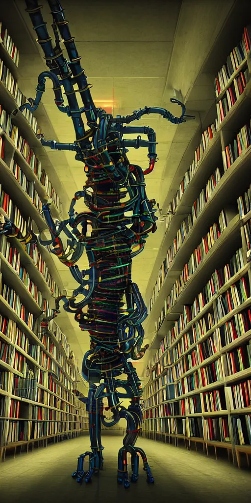 Prompt: A frightening evil connected cyborg with pipes and tubes in a library, hyperealistic very colourful hdr cinematic lighting cgi render photorealistic cinematic octane render