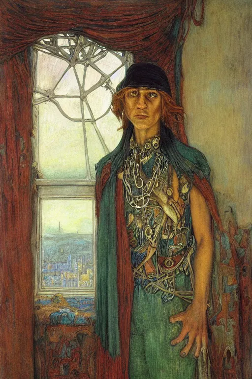 Prompt: the prince in his bone crown and regalia stands by the window at dusk,by Annie Swynnerton and Diego Rivera and Elihu Vedder, symbolist, dramatic lighting, elaborate geometric ornament, Art Brut, soft blues and greens,smooth, sharp focus, extremely detailed, Adolf Wölfli