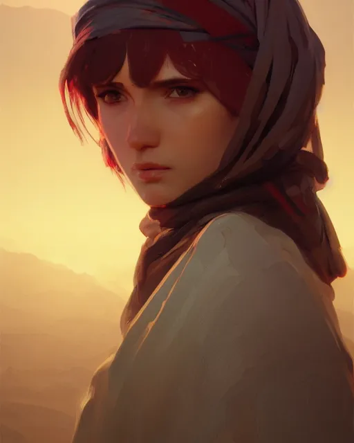 Prompt: beautiful bedouin, detailed portrait, cell shaded, 4 k, vivid colours, concept art by wlop, ilya kuvshinov, artgerm, krenz cushart, greg rutkowski, pixiv. cinematic dramatic atmosphere, sharp focus, volumetric lighting, cinematic lighting, studio quality