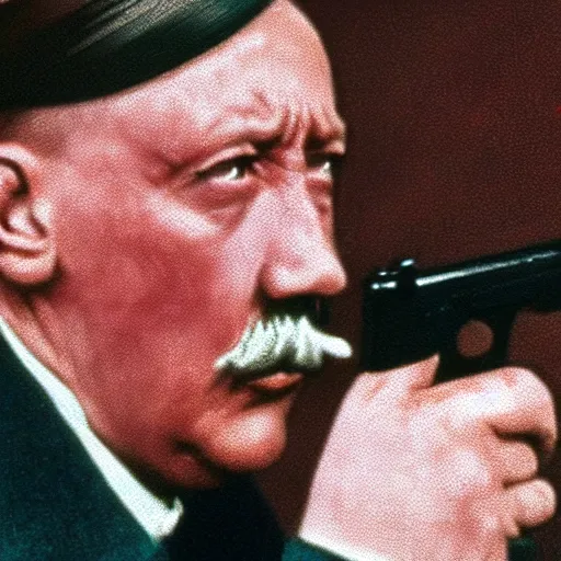 Prompt: a hyper realistic colorized photo of hitler pointing a gun to his head while crying, close - up shot