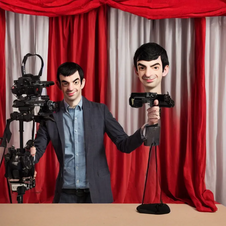 Prompt: dslr photograph of one nathan fielder from nathan for you on comedy central behind a puppet stage with a red curtain controlling a single marionette by the strings, high detail!!! 8 k photorealism sharp focus volumetric lighting, coherent!!! art directed